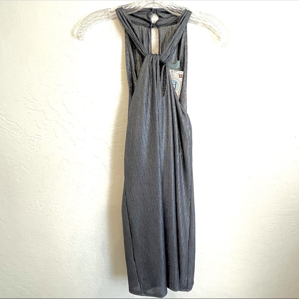 NWT Veronica M Navy Blue Metallic Front Knot Halter Mini Dress